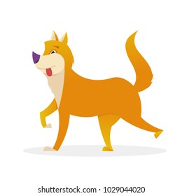 Funny dog with tongue and raised tail up walking vector flat illustration. Dog cartoon character isolated on white background.