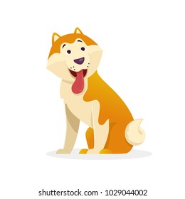 Funny dog with tongue wags tail sitting vector flat illustration. Dog cartoon character isolated on white background.