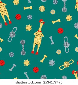 Funny dog toys with rubber chicken. Pet accessories on green background. 