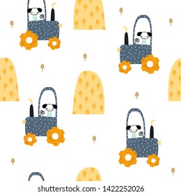 Funny dog tractor driver in the field. Cute kids seamless pattern. Vector hand drawn illustration.