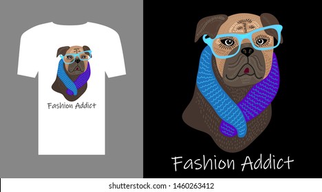 Funny dog T-shirt. Trendy fashion concept with french bulldog portrait. On black background.
