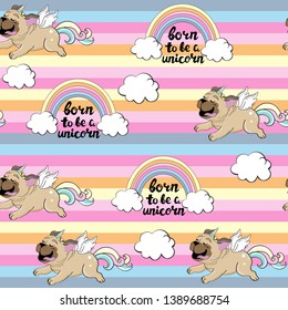 Funny Dog ​​pug Unicorn On A Rainbow Background Seamless Pattern