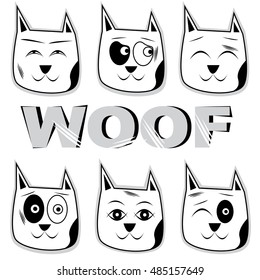 Funny dog with various facial expressions. Cute dog face smiley. Vector illustration of funny smileys.