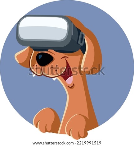 
Funny Dog Vector Mascot Wearing Virtual Reality Glasses. Cute domestic animal having fun enjoying the latest technology
