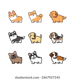 Funny dog walking and looking back cartoon collection, vector illustration