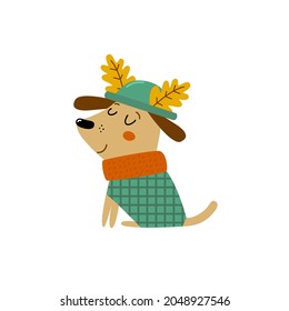 Funny dog in warm scarf and hat with oak leaves. Cute autumn cartoon puppy in scandinavian style. Hand drawn flat vector illustration isolated in white. Idea for print on baby clothes, kids card, etc.