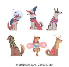 Funny Dog Wearing Costume and Clothing Vector Set