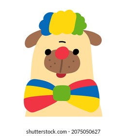 Funny dog wearing costume of clown. Vector hand drawn illustration on white background.