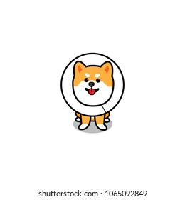 Funny dog wearing elizabethan collar, puppy cartoon icon, vector illustration