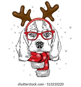 Funny dog wearing glasses and with horns. Puppy in a deer costume. Vector illustration for a card or poster, print on clothes. New Year's and Christmas.