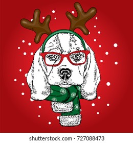 Funny dog wearing glasses and with horns. Puppy in a deer costume. Vector illustration for a card or poster, print on clothes. New Year's and Christmas.