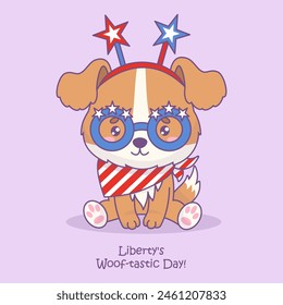 Funny dog wearing holiday accessories in colors of American flag. Cute cartoon patriotic animal character. Postcard American Independence Day. Vector illustration with congratulations slogan