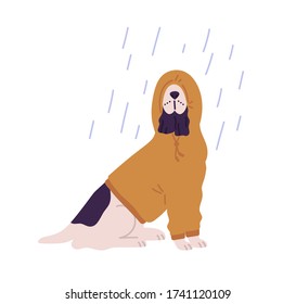 Funny dog wearing hoodie under rain vector flat illustration. Cute domestic animal dressed in hood at rainy seasonal weather isolated on white background. Adorable pet outdoor