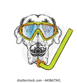 Funny dog wearing a mask for diving. Vector illustration for greeting card, poster, or print on clothes.