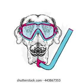 Funny dog wearing a mask for diving and snorkel. Vector illustration.