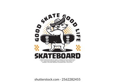 funny dog wearing mexico hat retro cartoon character mascot illustration with standing pose, showing metal hand and holding skateboard for skateboarding sport mascots and merchandise 