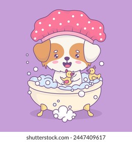 Funny dog wearing pink shower cap bathes in bath with foam and rubber duck toys. Cute cartoon animal character. Vector illustration. Kids collection. Fun and water treatments in bathroom