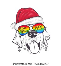 Funny dog wearing red Santa hat. Hand drawn style vector illustration