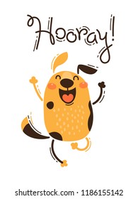 Funny dog yells Hooray. Vector illustration in cartoon style.