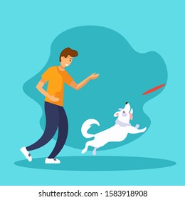 Funny dog and young man are playing together. Man is throwing a flying disc. Dog jumping to catch it. Flat vector Illustration in cartoon style.