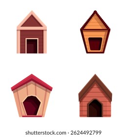 Funny doghouse icons set cartoon vector. Small cute empty dog house. Wooden booth