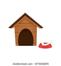 Funny doghouse, wooden kennel in cartoon style isolated on white background. Comic childish construction with roof and bowl with bone
