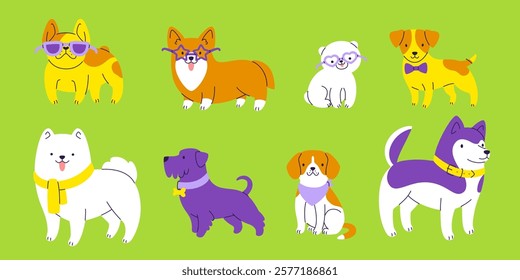 Funny dogs with accessories set.Cartoon vector cute puppies collection for kids.
