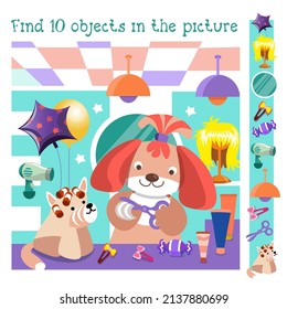 Funny Dogs at barbershop. Find 10 objects. Game for children. Сute cartoon character. Vector illustration. 