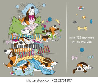 Funny dogs basset hound. Find 10 hidden objects in the picture. Hidden Object Puzzle. Vector illustration 