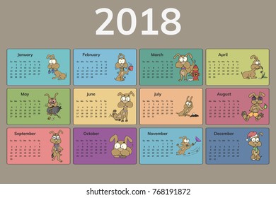 Funny dogs, calendar 2018 design. Hand drawn vector illustration