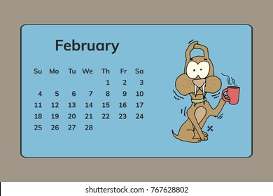 Funny dogs, calendar February 2018 design. Hand drawn vector illustration