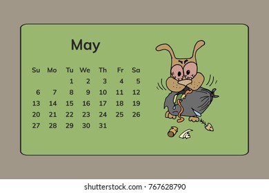 Funny dogs, calendar May 2018 design. Hand drawn vector illustration
