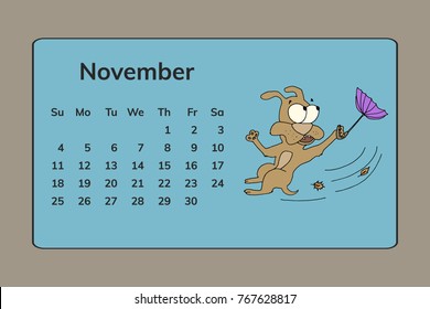 Funny dogs, calendar November 2018 design. Hand drawn vector illustration