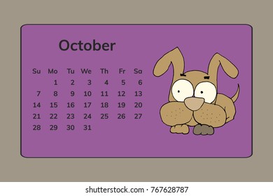 Funny dogs, calendar October 2018 design. Hand drawn vector illustration