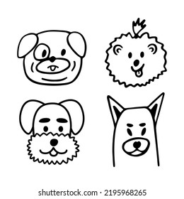 Funny dogs cartoon character set. Cute puppies of pug, pomeranian spitz, schnauzer breed line art. Nice happy pets isolated on white background. Hand drawn vector illustration in cartoon style.