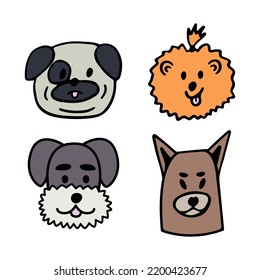 Funny dogs cartoon character set. Cute puppies of pug, pomeranian spitz, schnauzer breed line art. Nice happy pets isolated on white background. Hand drawn vector illustration in cartoon style.