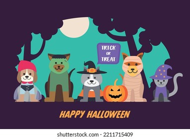 Funny dogs and cat set wearing Halloween Costumes. Vector illustration. Happy Halloween Card