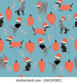 Funny dogs and cats dressed in santa claus costume. Seamless pattern. vector illustration on blue background 