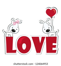 Funny dogs' couple on the red word "love". Sticker. Vector illustration