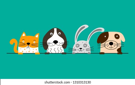 Funny dogs, cute cat and rabbit are best friends. Vector illustration.
