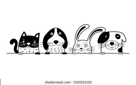 Funny dogs, cute cat and rabbit are best friends. Vector illustration.