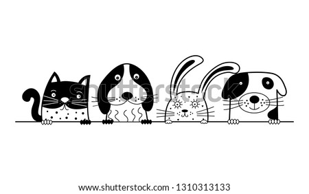 Funny dogs, cute cat and rabbit are best friends. Vector illustration.