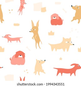 Funny dogs. Cute domestic animals, seamless pattern. Illustration with pets chihuahua, comondor, dachshund. Pop art characters, crown, star, texture. Pink and yellow pastel colors