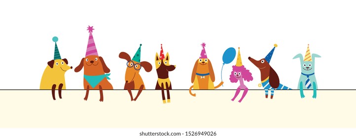 Funny dogs of different breeds in cones hats for dog party or birthday concept, vector illustration in flat cartoon style.