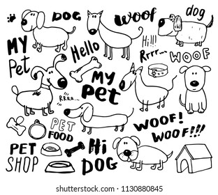 Funny Dogs doodle Set. Hand drawn sketched pets collection Vector Illustration on white background