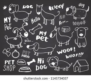 Hundedoodle-Set. Handgezeichnete Haustiere Sammlung Vektorgrafik auf Chalkboard-Hintergrund