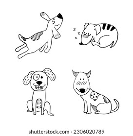 Divertido conjunto de doodles para perros. Dibujar a mano perros lindos al estilo de boceto en diferentes poses. Animales de mascota aislados en el fondo blanco