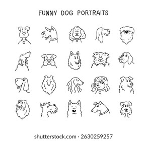 Funny dogs in doodle style. Set of cute puppy faces in a simple black outline on white. Hand-drawn vector illustration. Great for kids’ designs, pet-themed prints, stickers, and greeting cards.