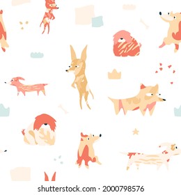 Funny dogs filled with abstract shapes. Cute pets seamless pattern. Pop art illustration with chihuahua, comondor, dachshund. Characters in naive style, crown, star, texture.