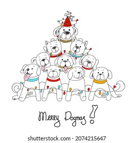 Funny dogs in the form of a Christmas tree. Vector graphics for the design of Christmas and New Year's content in the doodle style